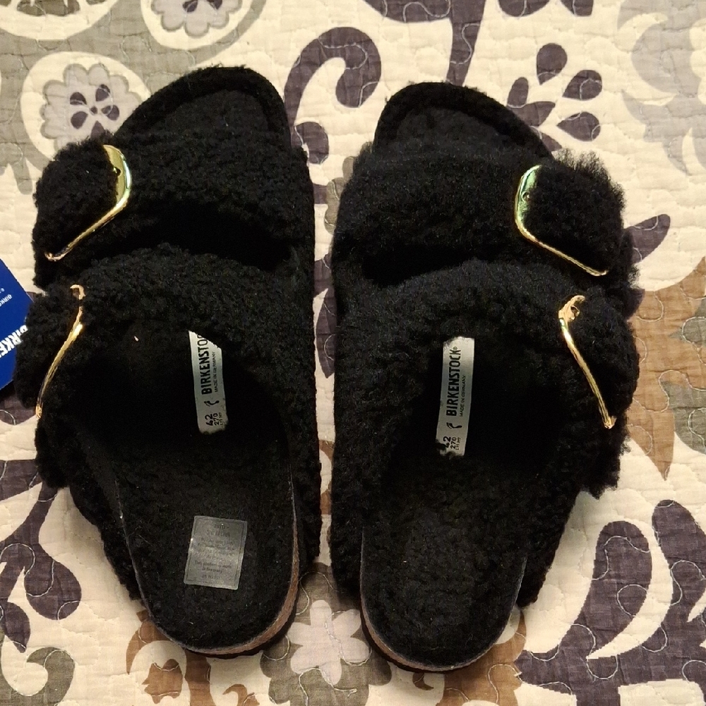 Birkenstock Size 42 Black Slippers with Gold Accents